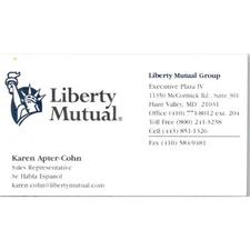 Liberty Mutual Karen Apter-Cohn Hunt Valley MD Vintage Business Card STB7-BC9