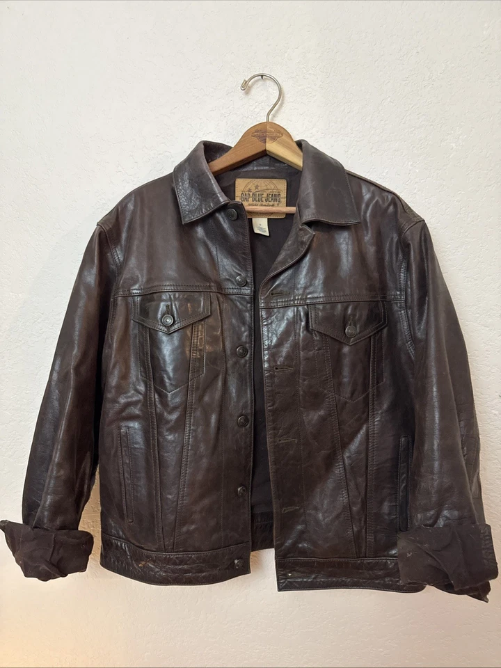 Chaqueta de camionero vintage de cuero marrón "Blue Jeans". Estado sin usar Foto 2 de 4