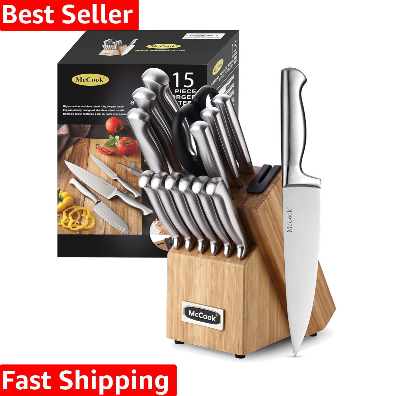 World-Class 15-Piece Kitchen Knives - Stainless Steel with S