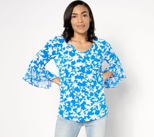 Susan Graver Women's Top Sz XL Printed Liquid Knit Chiffon Ruffle Blue A644490