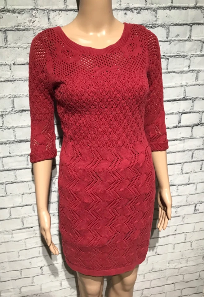 ELLE, XS, Red Crochet Swather 1/3 Sleeve Short Dress, Tunic, Lined, Office Work - Image 3 of 4