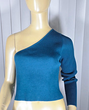 ANR Women  s One Shoulder Ribbed Knit Long Sleeve Cropped Sweater Teal L