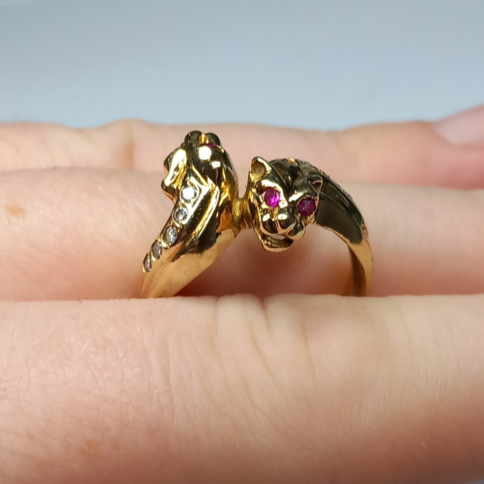 9CT YELLOW GOLD RUBY DOUBLE PANTHER LEOPARD HEAD … - image 9