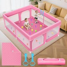 Large Baby Playpen with Mat - Soft Mesh Safety Yard for Toddlers, Pink