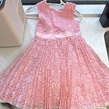Handmade Girls Pink Lace Flower Girl Dress, Sleeveless Satin Bow Sash, Size S