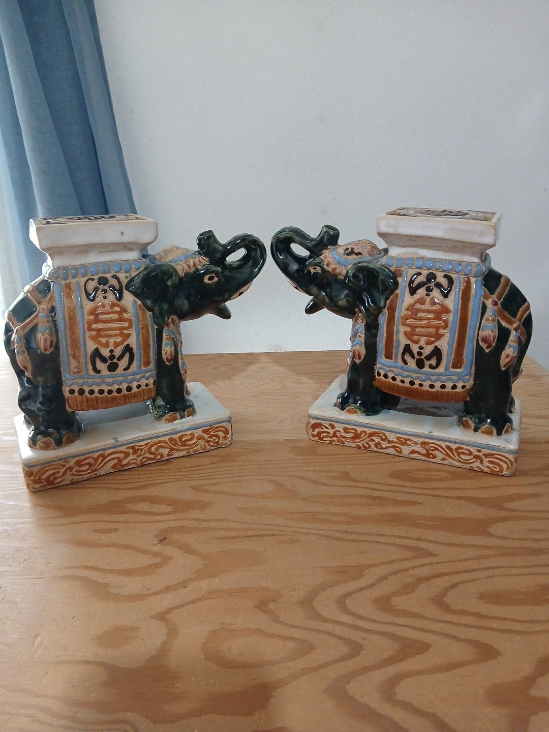 Matching Pair Vintage Hand-painted Black Glazed Chinese Ceramic Elephant...