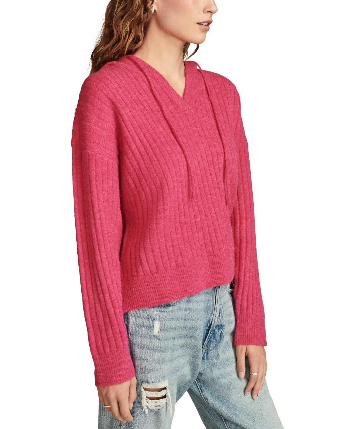 Lucky Brand Women's Ribbed Knit Hooded Sweater Pink Size L MSRP $99