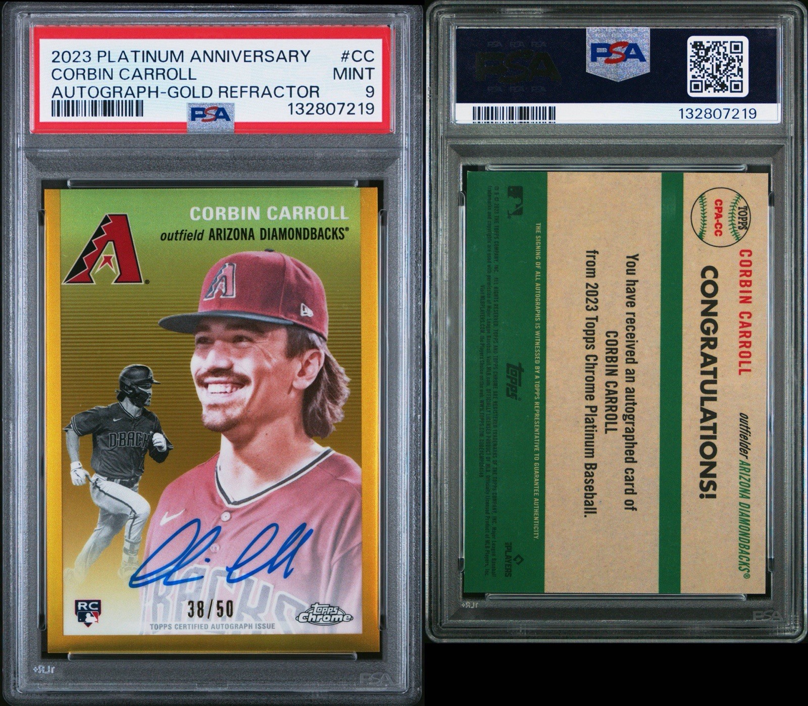 2023 Topps Chrome Corbin Carroll Auto Gold Refractor Platinum #/50 PSA 9  view 3
