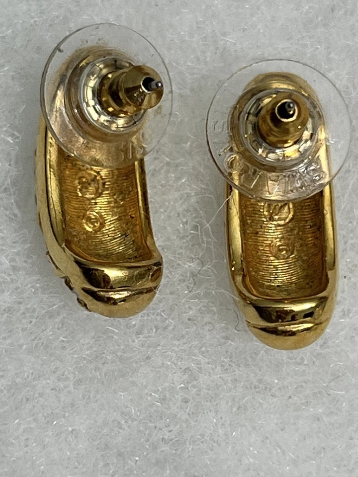 Swarovski Swan Signed Pierced Earrings Black Enamel Clear Crystal Half Hoop - Image 3 of 4