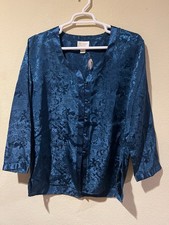 Victoria's Secret Gold Label Sz L Pajama Top Teal Floral Button Front Satin a5