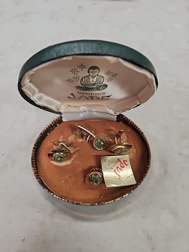 VTG Genuine Jade Chips Gold Tone Cuff Link Tie Tack Bar Set in Original Box