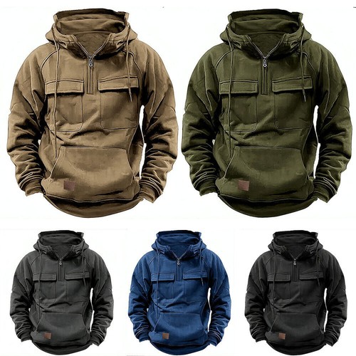 Mens Cargo Combat Hoodie Long Sleeve Half Zip Sport Army Tactical Sweatshirt Top - Picture 7 of 24