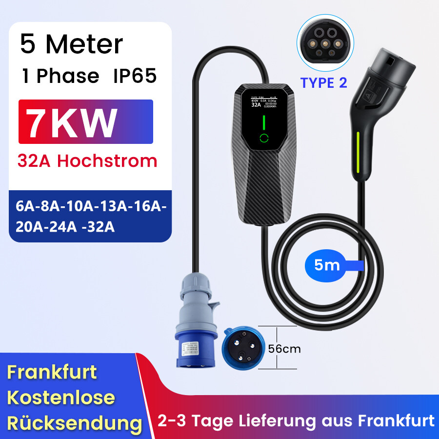 Cargador EV tipo 2 32A 7KW 5m Wallboxes coche eléctrico PHEV 1 fase LCD IP65 EVSE DE
