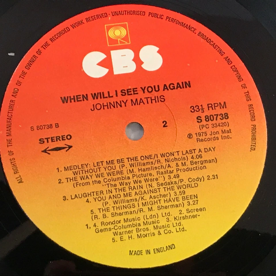 JOHNNY MATHIS When Will I See You Again 1975 UK Vinyl LP The Way We Were record - Image 3 of 3