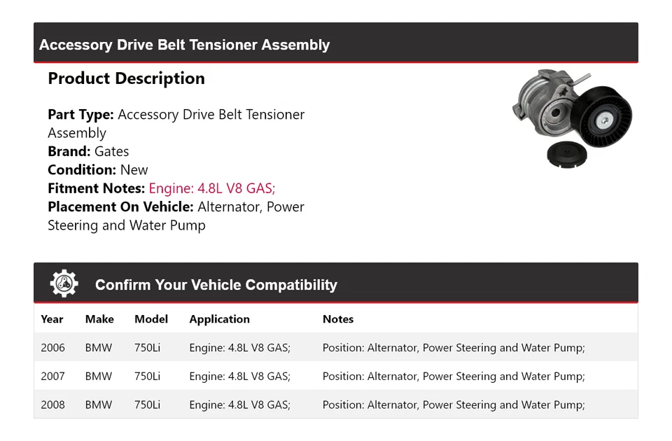 Accesorio para BMW 750Li 2006-2008 correa de transmisión tensor montaje puertas 2007 Foto 2 de 4