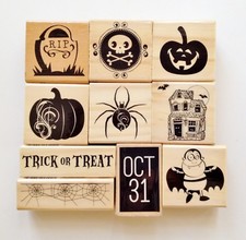 Halloween Wood Mounted Rubber Stamp Set of 10 by Craftsmart NEW Retired
