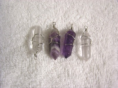 Amethyst and clear quartz Crystal pendants 2 pair sterling silver wire wrapped  