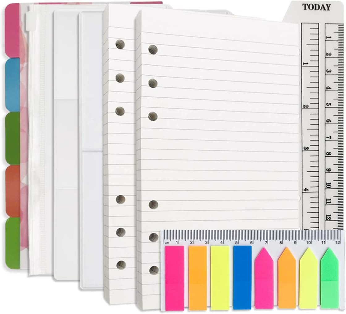 A6 Refill Paper, 100 Sheets Lined Paper, 6 Hole Punched - 5 Binder Dividers, 3 P