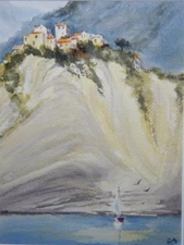 MEDITERRANEAN WATERCOLOUR PAINTING MOUNTAIN SEASIDE TOWN CIRCA 1970s BY SUE P183