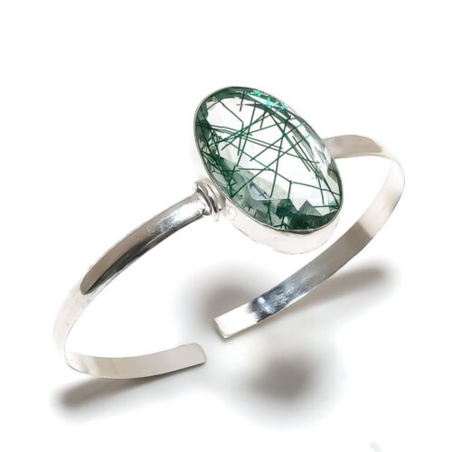 Green Rutile Gemstone Handmade 925 Sterling Silver Cuff Bangle Adjustable p535 - Picture 1 of 2