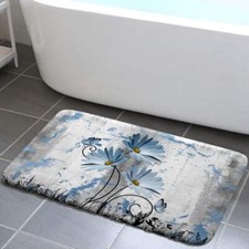 Rustic Farmhouse Bath Rug, Farm Grey Daisy Floral Flowers 16.00" x 24.00" Blue