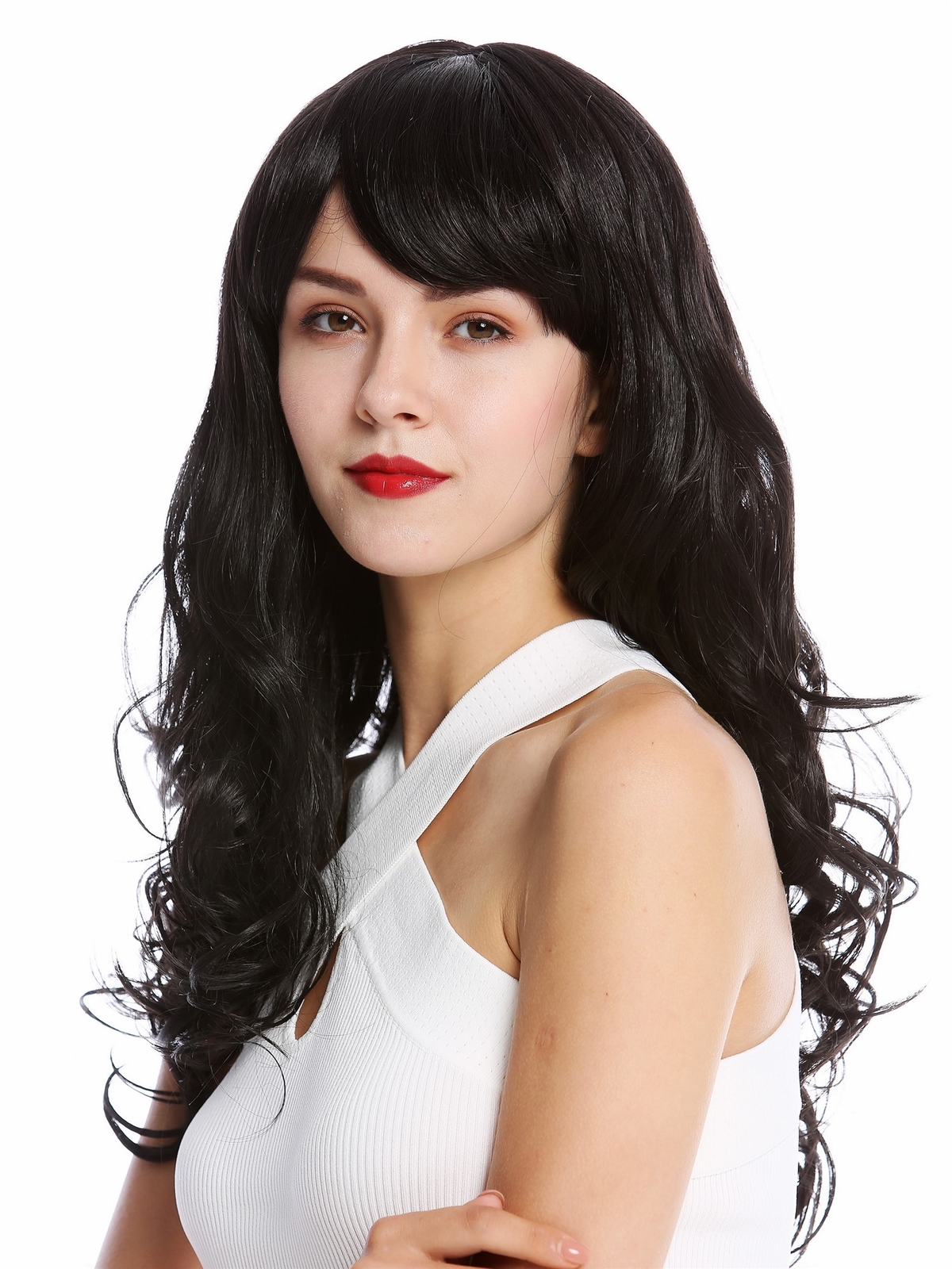 Wig Women's long wavy slightly curly bangs parted black SA103-2