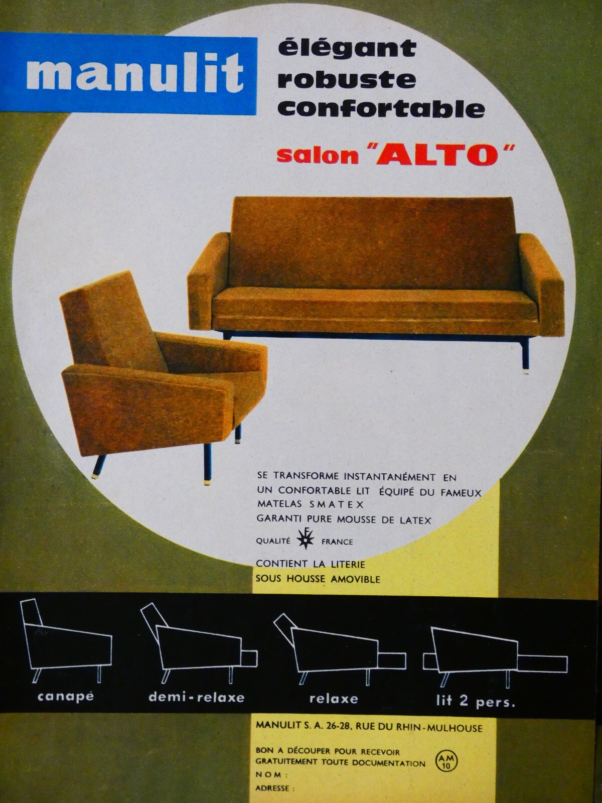 PUBLICITÉ PRESSE 1963 Canapé lit MANULIT Salon alto élégant robuste confortable