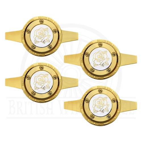 Gold KO Spinner Caps with Gold & White Rose Wire Wheel Chip Emblems, Set of 4 - Picture 41 of 59
