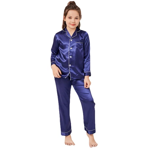New Kids Boys Girls Silk Pajamas Long Sleeve Satin PJs Sets Nightwear Sleepwear - Picture 58 of 83