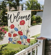 Fourth of July D cor  "Welcome" Poppies Patriotic Garden Flag  12" x 18"  NEW