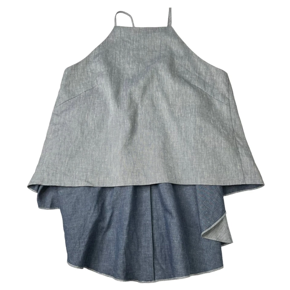 Blusa Top Halter Milly Mujer Azul Claro Mezcla de Lino Cuello Cuadrado Alto Bajo Talla M Foto 3 de 4