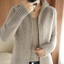 Women's Turtleneck Zipper Cashmere Knitted Cardigan Slouchy Loose Jumper Sweater