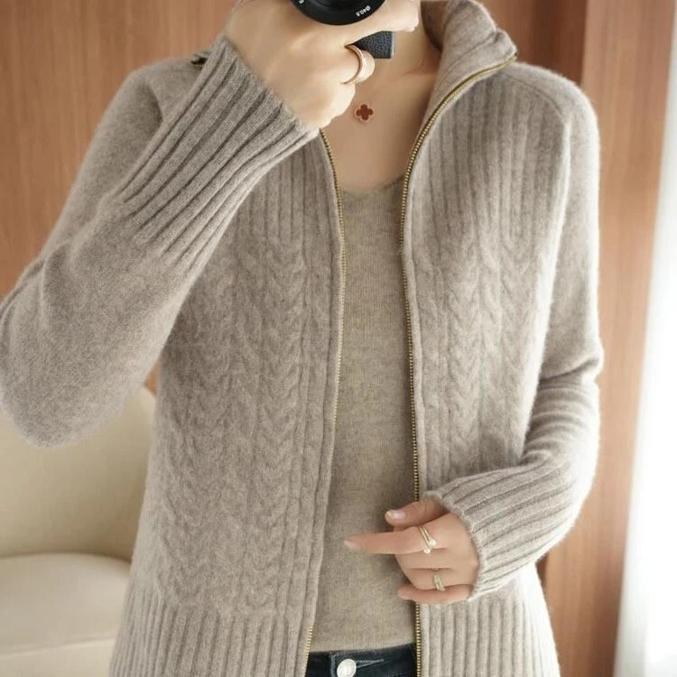 Women's Turtleneck Zipper Cashmere Knitted Cardigan Slouchy Loose Jumper Sweater - Image 2 of 4