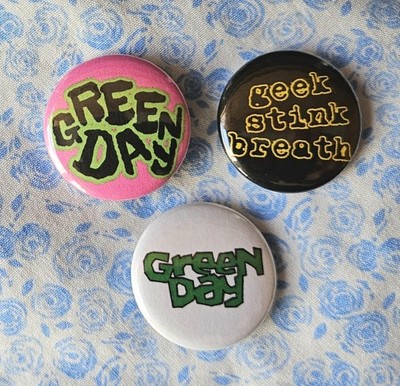 Green Day three 25mm button badges inc 'Geek Stink Breath' design. Free UK P&P!