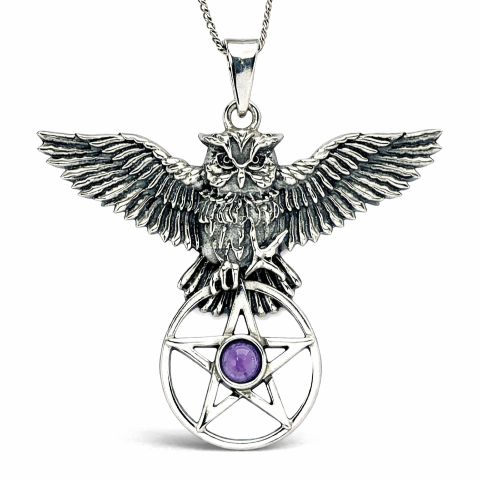 Flying Owl Pentacle Amethyst Pendant Necklace Gem 925 Silver Jewellery & Boxed