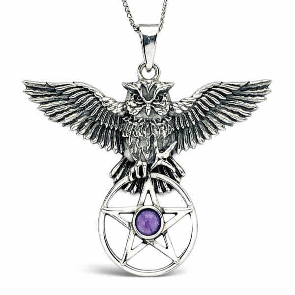 Fliegende Eule Pentakel Amethyst AnhäNger Halskette Edelstein 925 Silber...-image