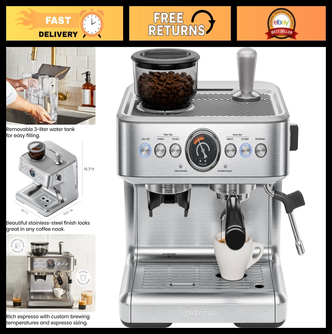 15 Bar Espresso Machine with Milk Frother & Steam Wand, Coffee Grinder, 30 Setti