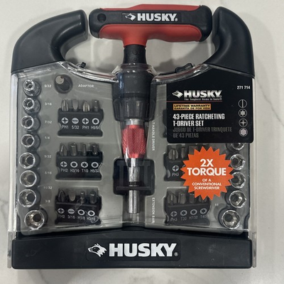 #ad Husky 43 Piece Ratchet Screwdriver Set Socket Bits Black Red Hard Case 271714 $59.50
