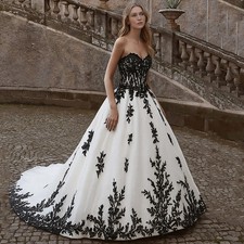 Off Shoulder Black Lace Appliques Wedding Dresses Gothic Bridal Gown Sweep Train