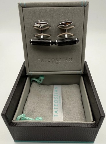 Tateossian London Men's Black Carbon Fibre Barrel Cufflinks Boxed