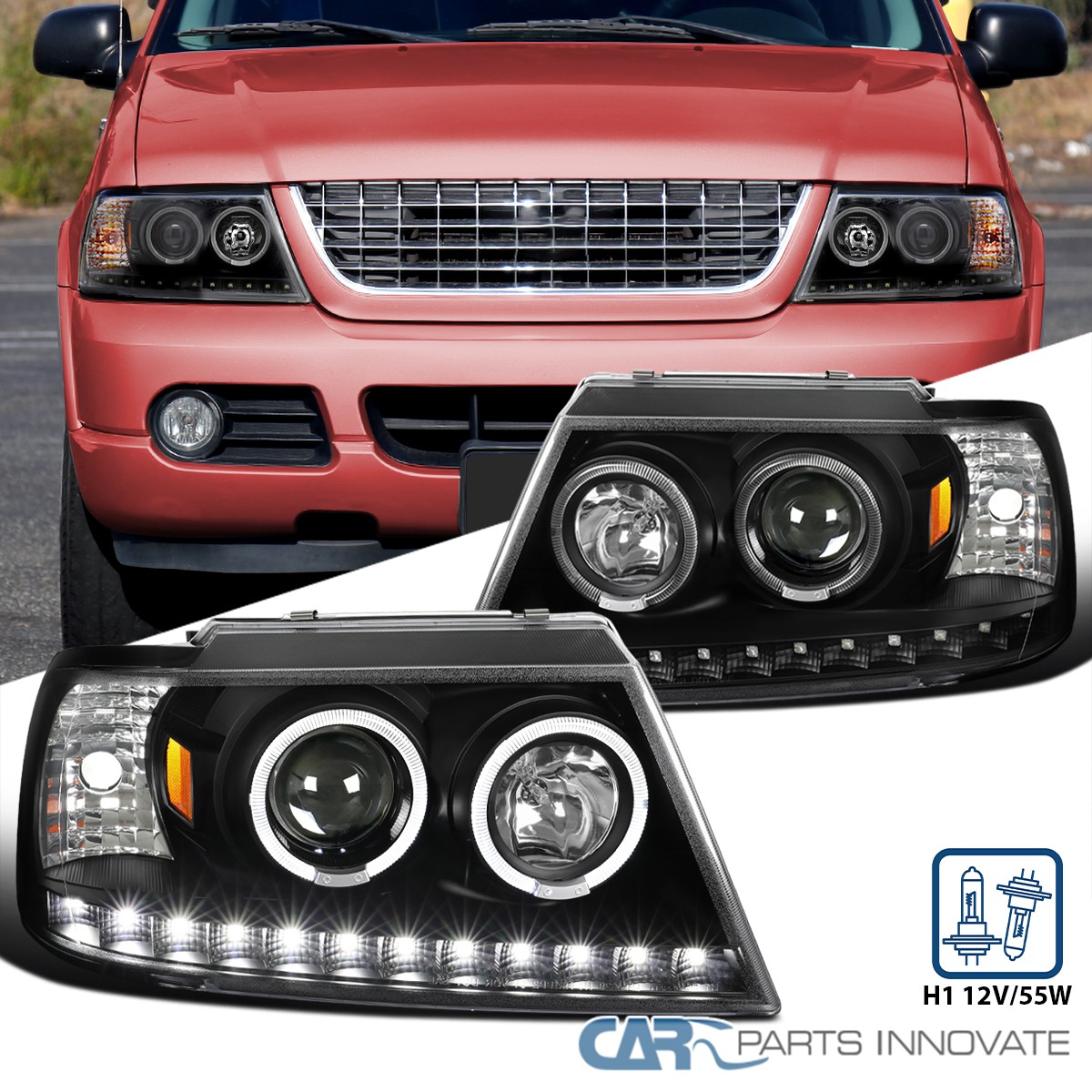 Fits 2002-2005 Ford Explorer Black LED Dual Halo Projector