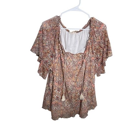 Joie De Vivre Blouse Women's 2X Printed V-Neck Tie Ruffle Sleeve Casual Top
