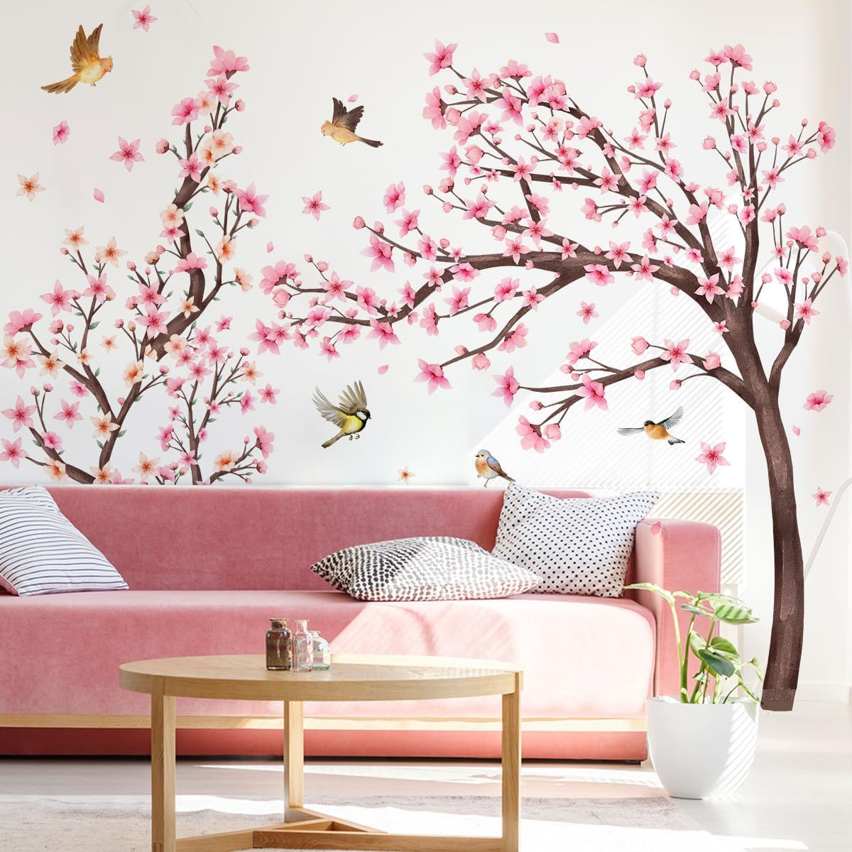 Pink Cherry Blossom Floral Birds Wall Decals Large Cherry Blossom Tree Branch Wa
