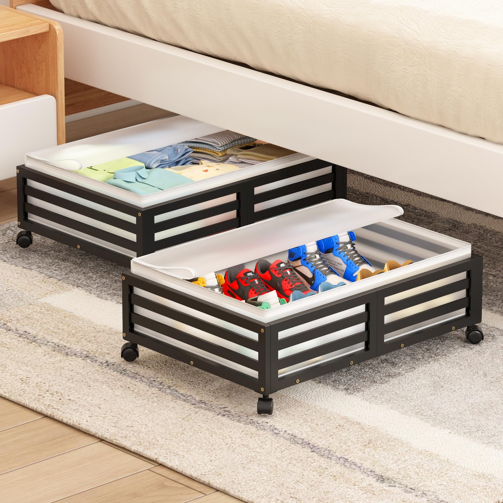 Under Bed Storage Containers With Wheels - 2 Pcs Bamboo Wood Rolling Underbed...-image