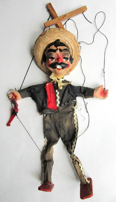 Vintage Marionette String Puppet Mexican Gunslinger 14  Paper Mache 1960s