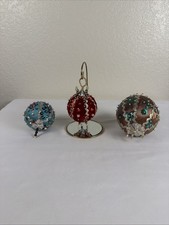 Mid-Century Handmade Christmas Ornaments covered in satin, Velvet sequins beads