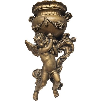 Vintage 1975 Large Gold Gilt Cherub Holding Rose Decorated Planter 14 3/4'' Tall