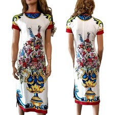 Dolce & Gabbana Majolica Vases Floral Print Silk Sheath Pencil Midi Dress IT38
