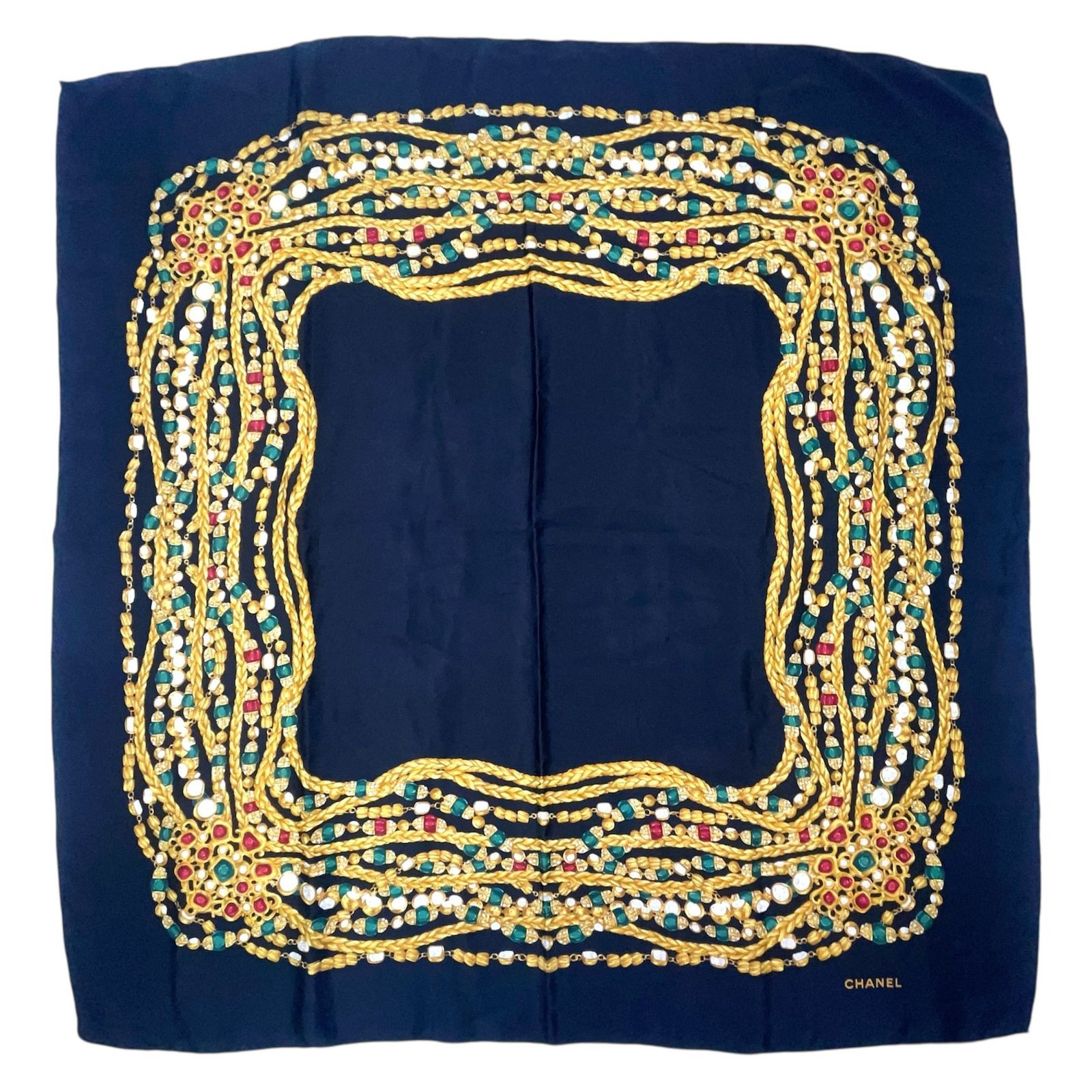 Auth CHANEL Silk Chain Pattern Black Scarf Women's Luxury Authentic