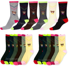 6 Pairs Women Colorful Fancy Bear Design Soft  Stretchy Novelty Crew Socks 9-11